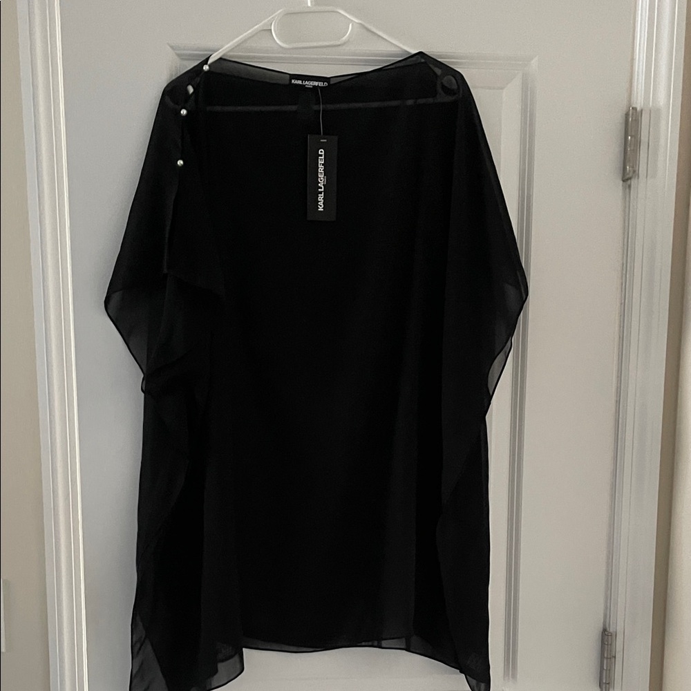 NEW Karl Lagerfeld Black Sheer Drape Blouse with Button-Shoulder Detail